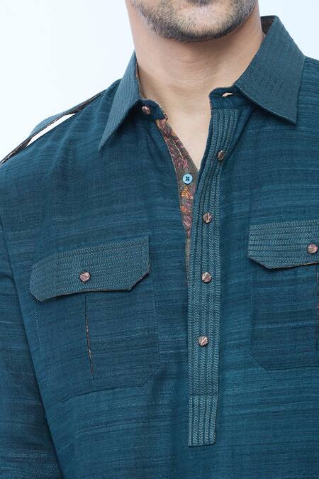 Buy Kishore Ramani Blue Handloom Silk Textured Stitchline Placket Work Pathani Kurta With Salwar Buy_Kishore Ramani_Blue Handloom Silk Textured Stitchline Placket Work Pathani Kurta With Salwar