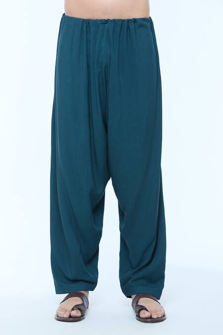 Shop Kishore Ramani Blue Handloom Silk Textured Stitchline Placket Work Pathani Kurta With Salwar Shop_Kishore Ramani_Blue Handloom Silk Textured Stitchline Placket Work Pathani Kurta With Salwar