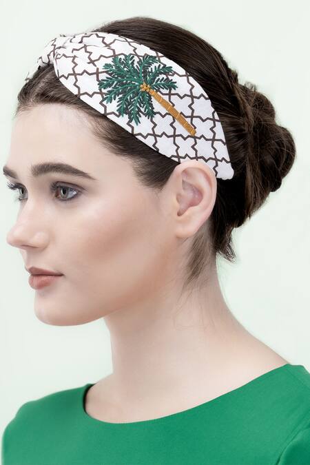 Moyolu White Geometric Palm Paradise Embroidered Hair Band at Aza Fashions Moyolu_White Geometric Palm Paradise Embroidered Hair Band _at_Aza_Fashions
