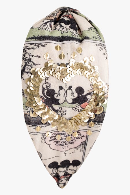 Shop Moyolu White Mickey Mouse Love Charm Embroidered Hair Band at Aza Fashions Shop_Moyolu_White Mickey Mouse Love Charm Embroidered Hair Band _at_Aza_Fashions