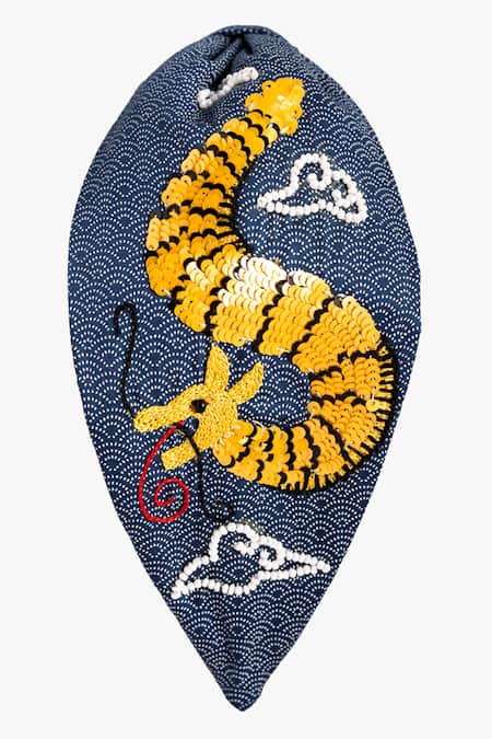 Shop Moyolu Blue Scallop Dragon Ensamble Embroidered Hair Band at Aza Fashions Shop_Moyolu_Blue Scallop Dragon Ensamble Embroidered Hair Band _at_Aza_Fashions