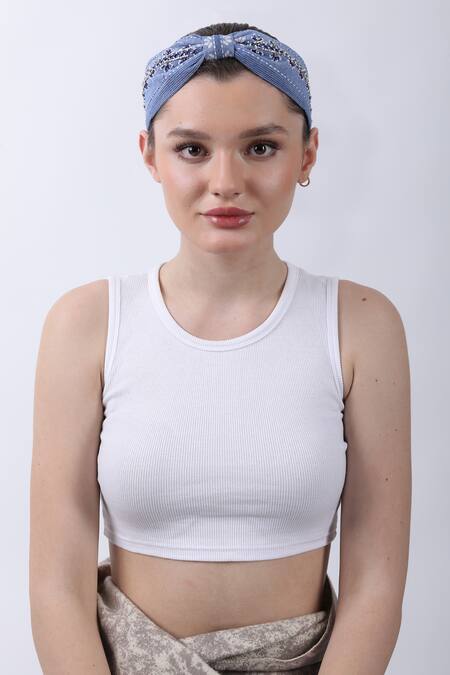 Moyolu_Blue Beads Hues Of Embroidered Hair Band _Online_at_Aza_Fashions