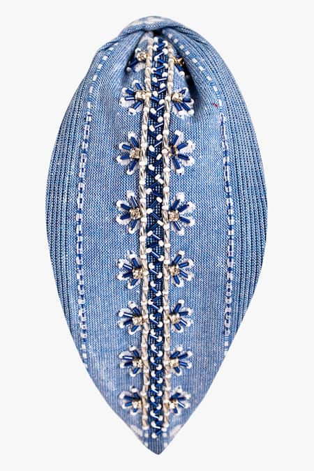 Shop Moyolu Blue Beads Hues Of Embroidered Hair Band at Aza Fashions Shop_Moyolu_Blue Beads Hues Of Embroidered Hair Band _at_Aza_Fashions