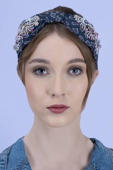 Moyolu_Blue Geometric Denim Paradise Embroidered Hair Band _Online_at_Aza_Fashions