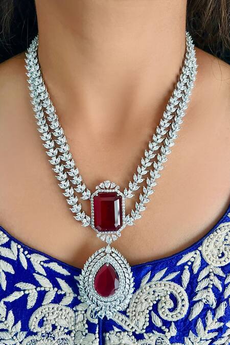 PRERTO_Red Maharani Double Layered Set And Oval Drop _Online_at_Aza_Fashions