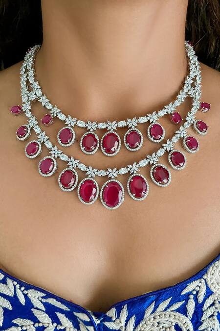 Shop_PRERTO_Red Maharani Double Layered Set And Oval Drop _Online_at_Aza_Fashions