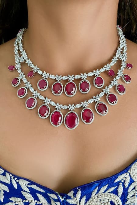 PRERTO Ruby Oval Drop Necklace Set