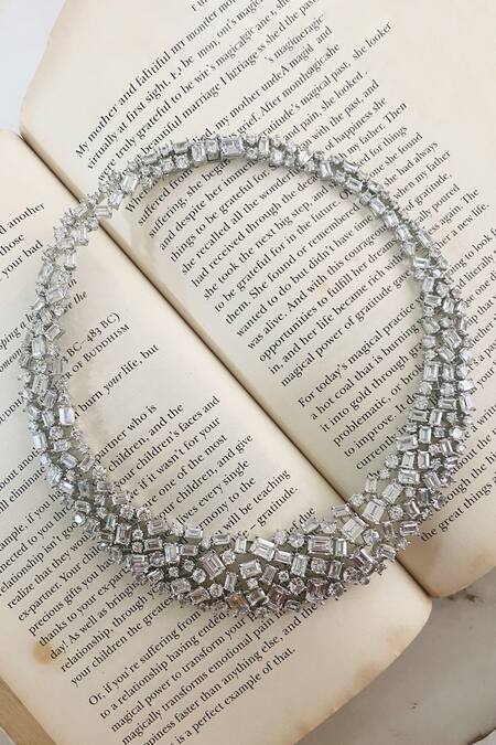 PRERTO White Crystals Swarovski Embellished Cluster Necklace Set Online at Aza Fashions PRERTO_White Crystals Swarovski Embellished Cluster Necklace Set _Online_at_Aza_Fashions