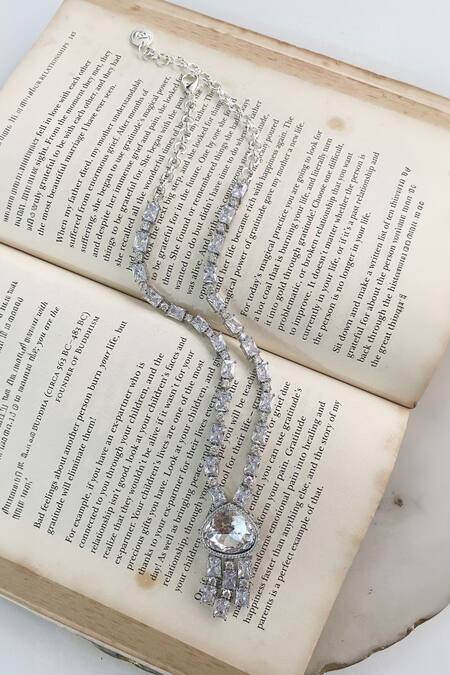 PRERTO White Stones Swarovski Triangular Drop Necklace Set Online at Aza Fashions PRERTO_White Stones Swarovski Triangular Drop Necklace Set_Online_at_Aza_Fashions