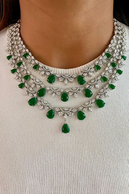 Prerto Emerald Drop Studded Layered Necklace Set 