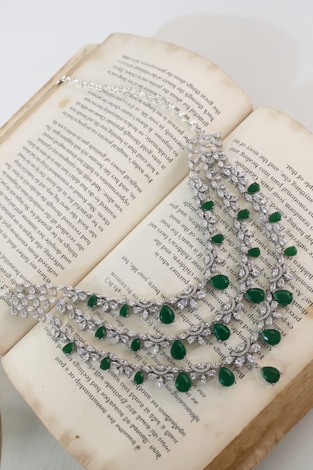 PRERTO Emerald Green Diamonds, Stones Drop Studded Layered Necklace Set Online at Aza Fashions PRERTO_Emerald Green Diamonds, Stones Drop Studded Layered Necklace Set _Online_at_Aza_Fashions