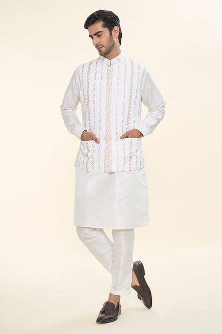 RNG Safawala Off White Raw Silk Embroidered Thread Kurta Set With Nehru Jacket 