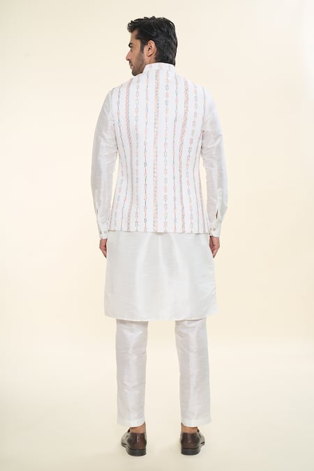 Shop Rng Safawala Off White Silk, Cotton Embroidery Nehru Jacket Kurta Set at Aza Fashions Shop_Rng Safawala_Off White Silk, Cotton Embroidery Nehru Jacket Kurta Set _at_Aza_Fashions