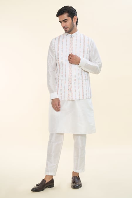Buy Rng Safawala Off White Silk, Cotton Embroidery Nehru Jacket Kurta Set Online at Aza Fashions Buy_Rng Safawala_Off White Silk, Cotton Embroidery Nehru Jacket Kurta Set _Online_at_Aza_Fashions