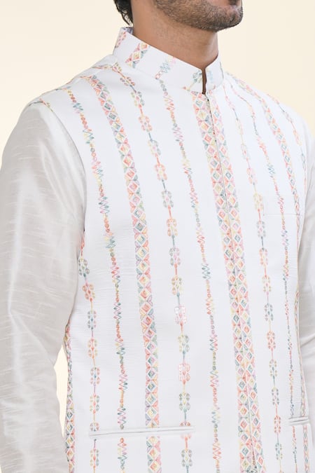 Shop Rng Safawala Off White Silk, Cotton Embroidery Nehru Jacket Kurta Set Online at Aza Fashions Shop_Rng Safawala_Off White Silk, Cotton Embroidery Nehru Jacket Kurta Set _Online_at_Aza_Fashions