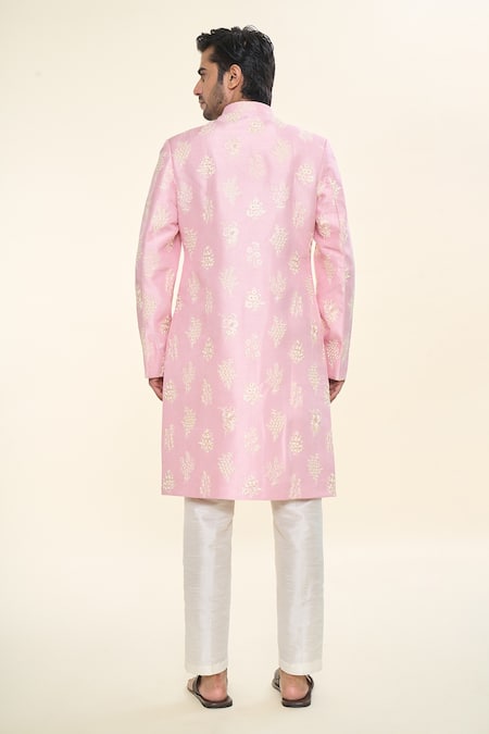 Shop Rng Safawala Pink Silk, Cotton Sequins, Embroidery Achkan With Pant at Aza Fashions Shop_Rng Safawala_Pink Silk, Cotton Sequins, Embroidery Achkan With Pant _at_Aza_Fashions
