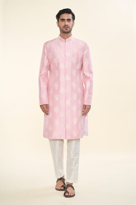 Rng Safawala Pink Silk, Cotton Sequins, Embroidery Achkan With Pant Online at Aza Fashions Rng Safawala_Pink Silk, Cotton Sequins, Embroidery Achkan With Pant _Online_at_Aza_Fashions