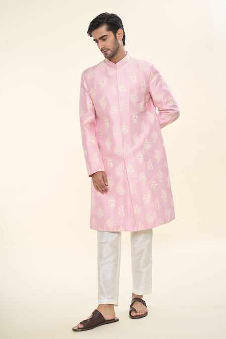 Buy Rng Safawala Pink Silk, Cotton Sequins, Embroidery Achkan With Pant Online at Aza Fashions Buy_Rng Safawala_Pink Silk, Cotton Sequins, Embroidery Achkan With Pant _Online_at_Aza_Fashions