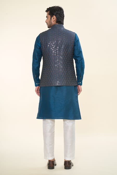 Shop Rng Safawala Blue Cotton, Silk Sequins, Embroidery Nehru Jacket Kurta Set at Aza Fashions Shop_Rng Safawala_Blue Cotton, Silk Sequins, Embroidery Nehru Jacket Kurta Set _at_Aza_Fashions