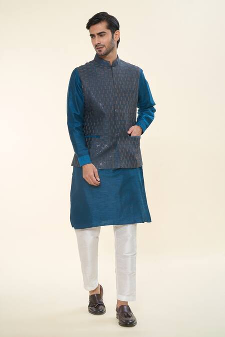 Rng Safawala Blue Cotton, Silk Sequins, Embroidery Nehru Jacket Kurta Set Online at Aza Fashions Rng Safawala_Blue Cotton, Silk Sequins, Embroidery Nehru Jacket Kurta Set _Online_at_Aza_Fashions