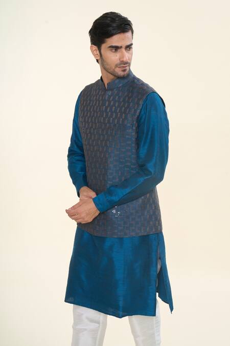 Buy Rng Safawala Blue Cotton, Silk Sequins, Embroidery Nehru Jacket Kurta Set Online at Aza Fashions Buy_Rng Safawala_Blue Cotton, Silk Sequins, Embroidery Nehru Jacket Kurta Set _Online_at_Aza_Fashions