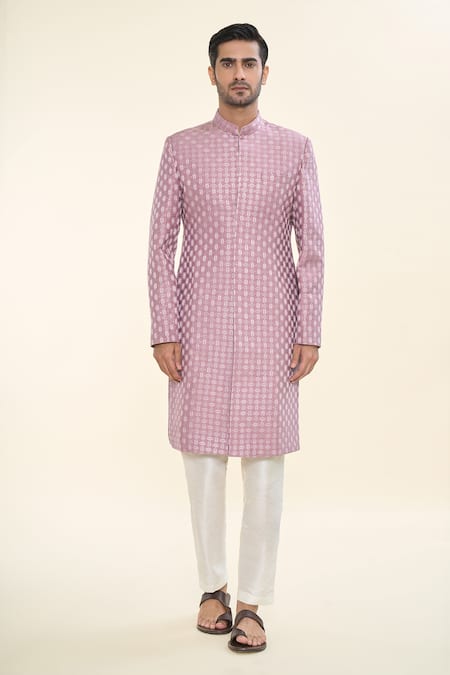 Rng Safawala Purple Silk, Cotton Sequins, Embroidery Thread Achkan With Pant Online at Aza Fashions Rng Safawala_Purple Silk, Cotton Sequins, Embroidery Thread Achkan With Pant _Online_at_Aza_Fashions