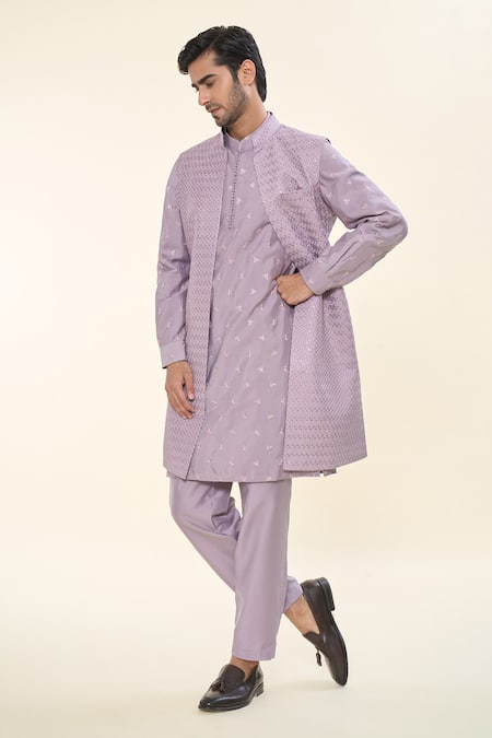 RNG Safawala Purple Terry Silk Embroidered Thread Kurta Set With Nehru Jacket 