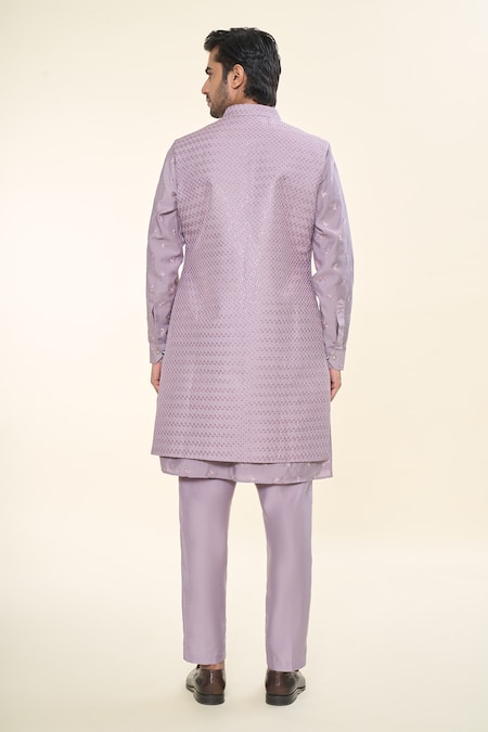 Shop Rng Safawala Purple Denim, Cotton, Silk Sequins, Lavender Kurta Set With Nehru Jacket at Aza Fashions Shop_Rng Safawala_Purple Denim, Cotton, Silk Sequins, Lavender Kurta Set With Nehru Jacket _at_Aza_Fashions