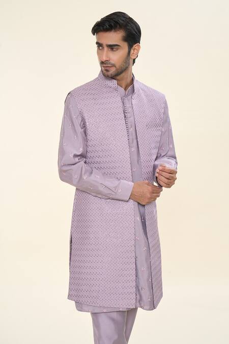 Shop Rng Safawala Purple Denim, Cotton, Silk Sequins, Lavender Kurta Set With Nehru Jacket Online at Aza Fashions Shop_Rng Safawala_Purple Denim, Cotton, Silk Sequins, Lavender Kurta Set With Nehru Jacket _Online_at_Aza_Fashions