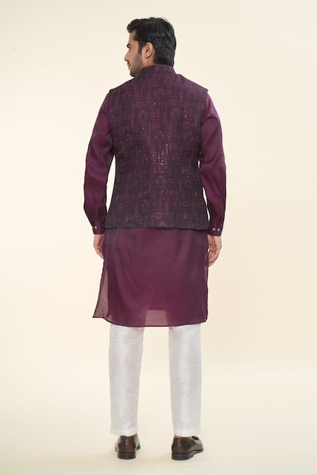 Rng Safawala Wine Embroidered Kurta Set with Nehru Jacket 