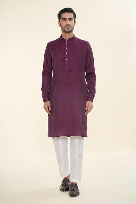 Rng Safawala_Wine , Satin, Silk Sequins, Embroidery Kurta Set With Nehru Jacket_Online_at_Aza_Fashions