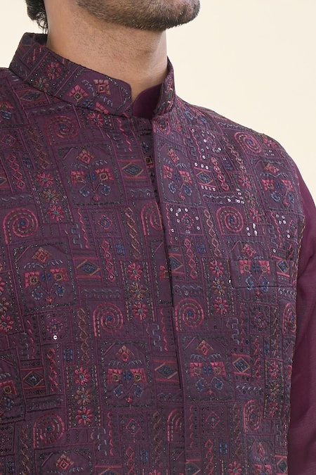 Buy_Rng Safawala_Wine , Satin, Silk Sequins, Embroidery Kurta Set With Nehru Jacket_Online_at_Aza_Fashions