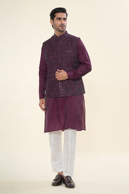 Shop_Rng Safawala_Wine , Satin, Silk Sequins, Embroidery Kurta Set With Nehru Jacket_Online_at_Aza_Fashions