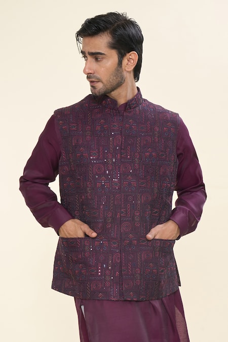 Rng Safawala_Wine , Satin, Silk Sequins, Embroidery Kurta Set With Nehru Jacket_at_Aza_Fashions