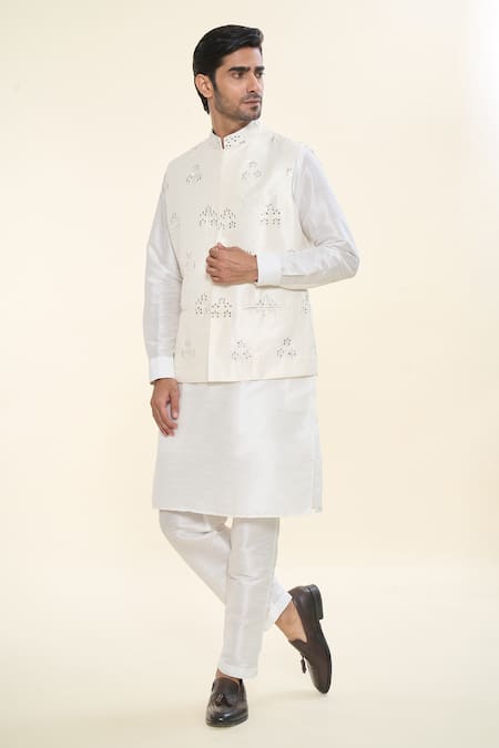 RNG Safawala Off White Raw Silk Embroidered Thread Kurta Set With Mirror Gota Nehru Jacket 