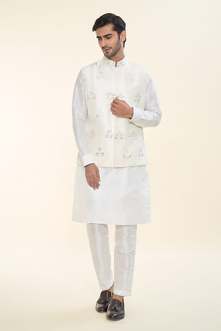 Buy_Rng Safawala_Off White Silk, Cotton Mirrors, Gota Patti, Kurta Set With Nehru Jacket _Online_at_Aza_Fashions