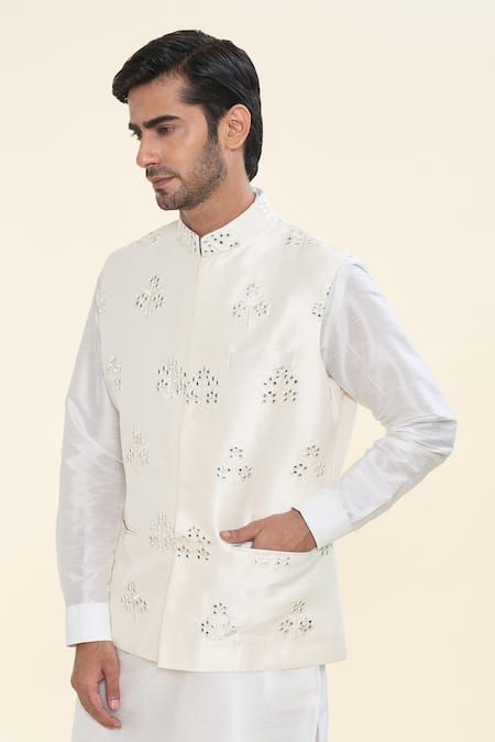 Shop_Rng Safawala_Off White Silk, Cotton Mirrors, Gota Patti, Kurta Set With Nehru Jacket _Online_at_Aza_Fashions