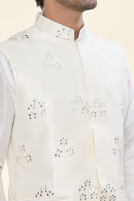 Rng Safawala_Off White Silk, Cotton Mirrors, Gota Patti, Kurta Set With Nehru Jacket _at_Aza_Fashions