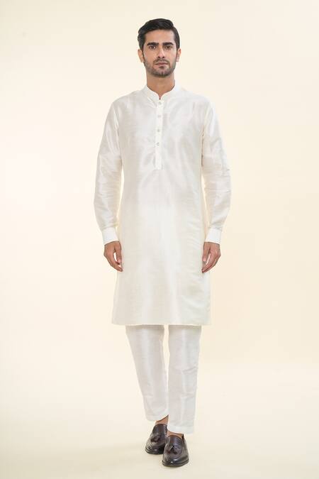 Buy_Rng Safawala_Off White Silk, Cotton Embroidery, Diamonds Nehru Jacket And Kurta Set _Online_at_Aza_Fashions
