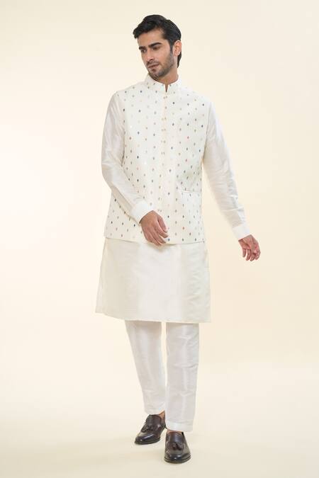 Shop_Rng Safawala_Off White Silk, Cotton Embroidery, Diamonds Nehru Jacket And Kurta Set _Online_at_Aza_Fashions