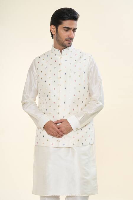 Rng Safawala_Off White Silk, Cotton Embroidery, Diamonds Nehru Jacket And Kurta Set _at_Aza_Fashions