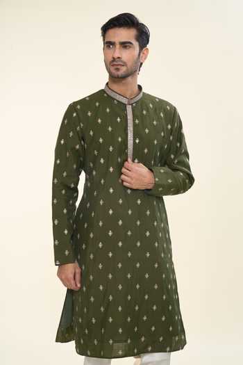 Shop_Rng Safawala_Green , Satin, Silk Embroidery Thread Kurta With Pant _Online_at_Aza_Fashions