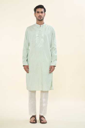 Rng Safawala Green Cotton, Silk Sequins, Embroidery Kurta With Pant Online at Aza Fashions Rng Safawala_Green Cotton, Silk Sequins, Embroidery Kurta With Pant _Online_at_Aza_Fashions