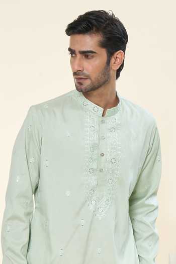 Shop Rng Safawala Green Cotton, Silk Sequins, Embroidery Kurta With Pant Online at Aza Fashions Shop_Rng Safawala_Green Cotton, Silk Sequins, Embroidery Kurta With Pant _Online_at_Aza_Fashions