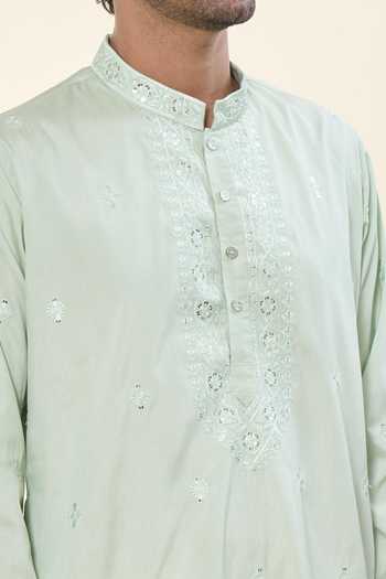 Rng Safawala Green Cotton, Silk Sequins, Embroidery Kurta With Pant at Aza Fashions Rng Safawala_Green Cotton, Silk Sequins, Embroidery Kurta With Pant _at_Aza_Fashions