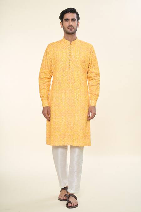 Rng Safawala_Yellow , Satin Sequins Bandhani Print Kurta With Pant_Online_at_Aza_Fashions