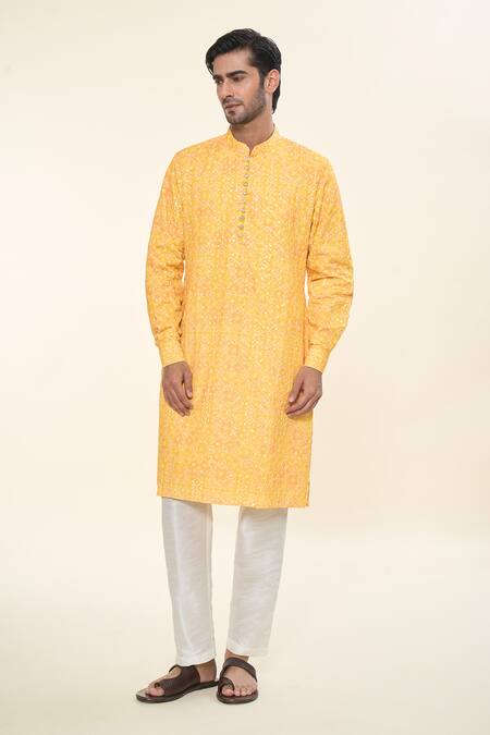 Buy_Rng Safawala_Yellow , Satin Sequins Bandhani Print Kurta With Pant_Online_at_Aza_Fashions