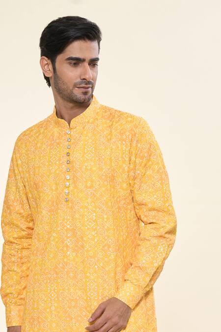 Shop_Rng Safawala_Yellow , Satin Sequins Bandhani Print Kurta With Pant_Online_at_Aza_Fashions
