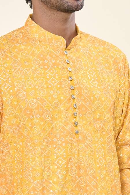 Rng Safawala_Yellow , Satin Sequins Bandhani Print Kurta With Pant_at_Aza_Fashions