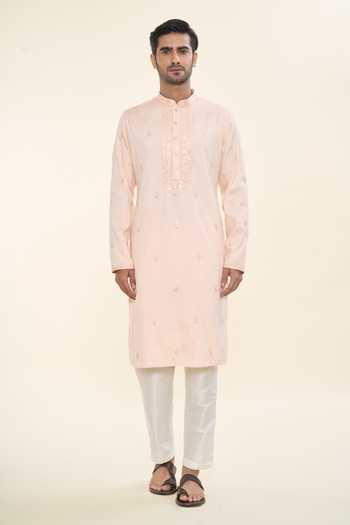Rng Safawala_Peach Cotton, Silk Sequins, Embroidery Thread Kurta Set For Kids_Online_at_Aza_Fashions